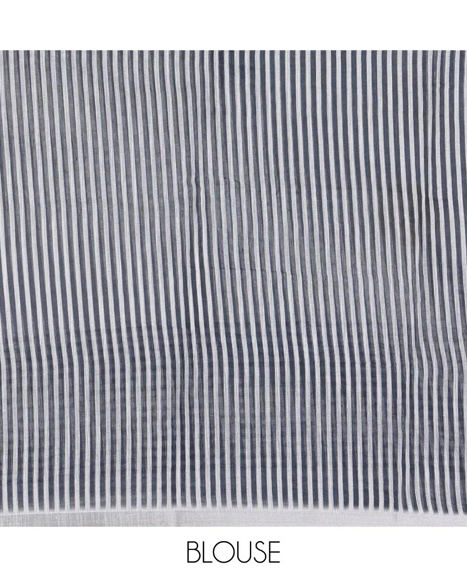 White sun and the giraffe motifs printed linen cotton saree, stripes printed zari piping border, pallu of triangle, and sun motifs print, and striped pallu - Image 4