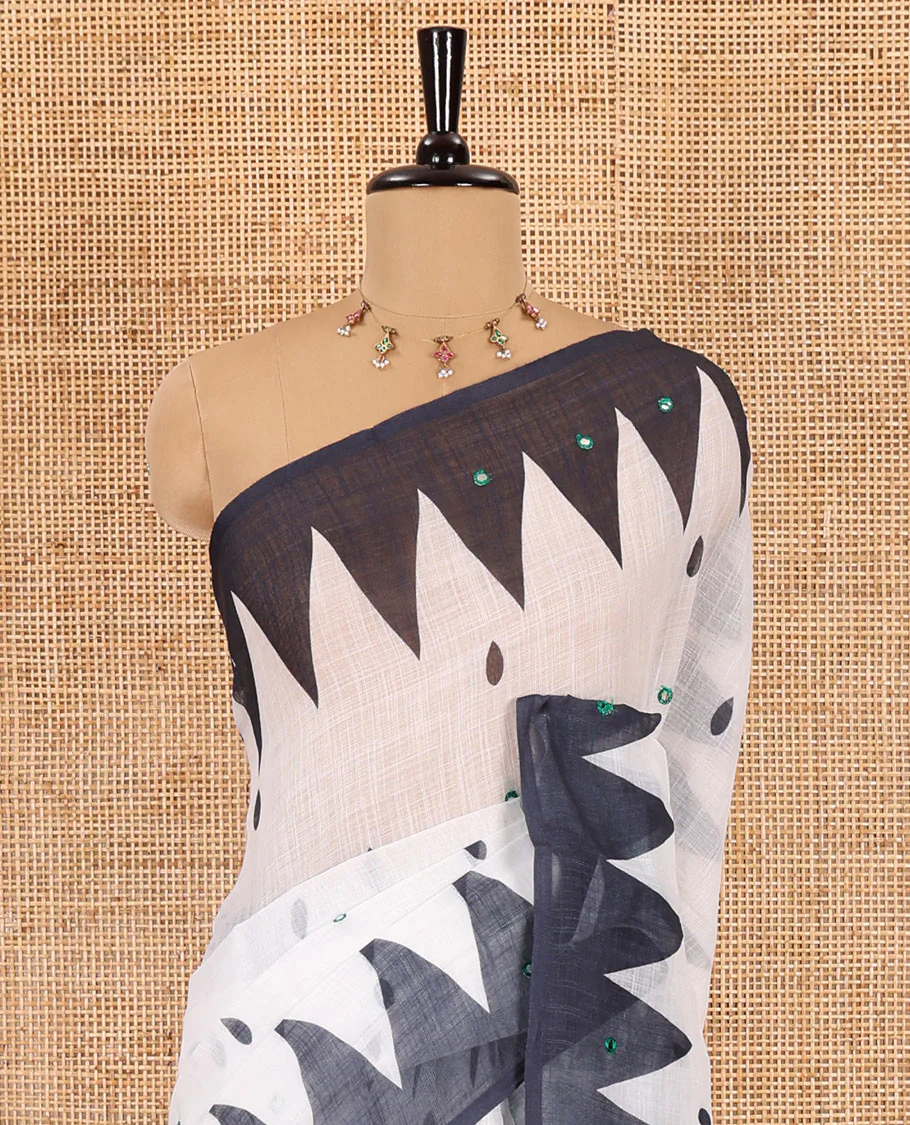 White thilakam buttas and mirror work khadi mul cotton saree, contrast temple border, striped and buttas pallu, and a contrast printed blouse - Image 3