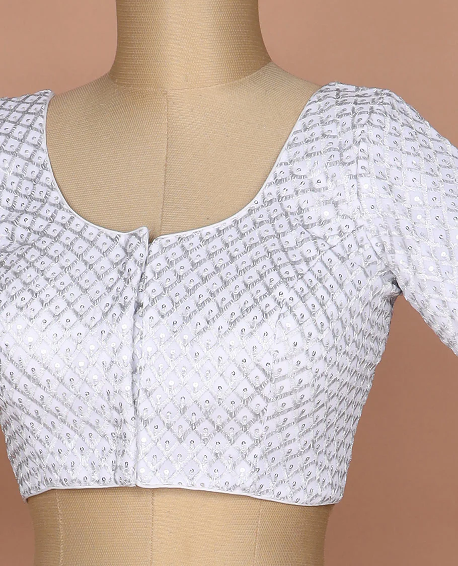White thread and sequins argyle design embroidered round neck elbow sleeve raw silk readymade blouse - Image 2