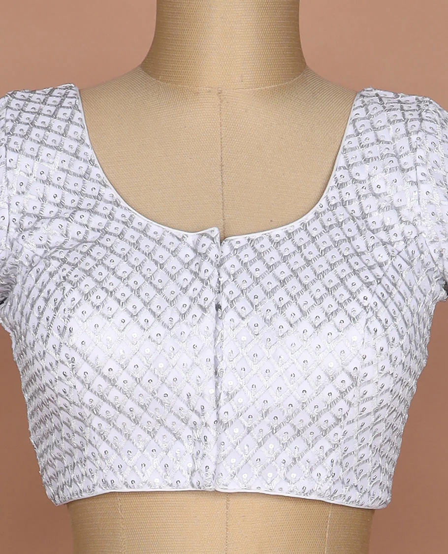 White thread and sequins argyle design embroidered round neck elbow sleeve raw silk readymade blouse - Image 3