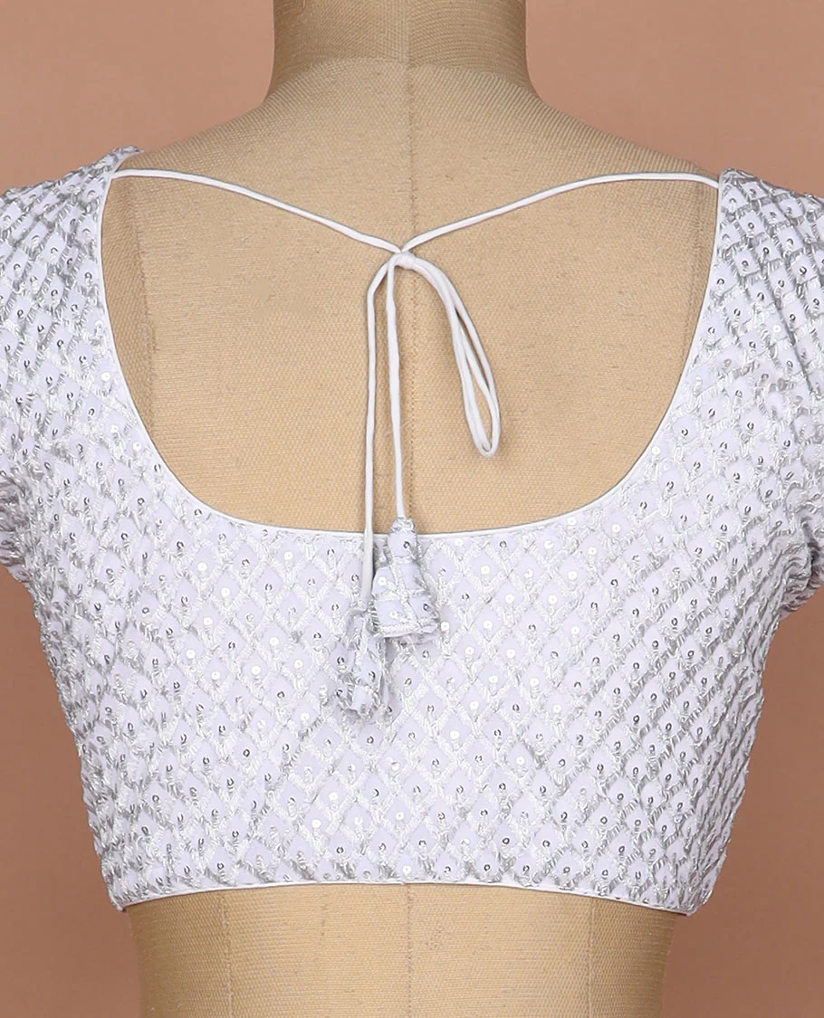 White thread and sequins argyle design embroidered round neck elbow sleeve raw silk readymade blouse - Image 4