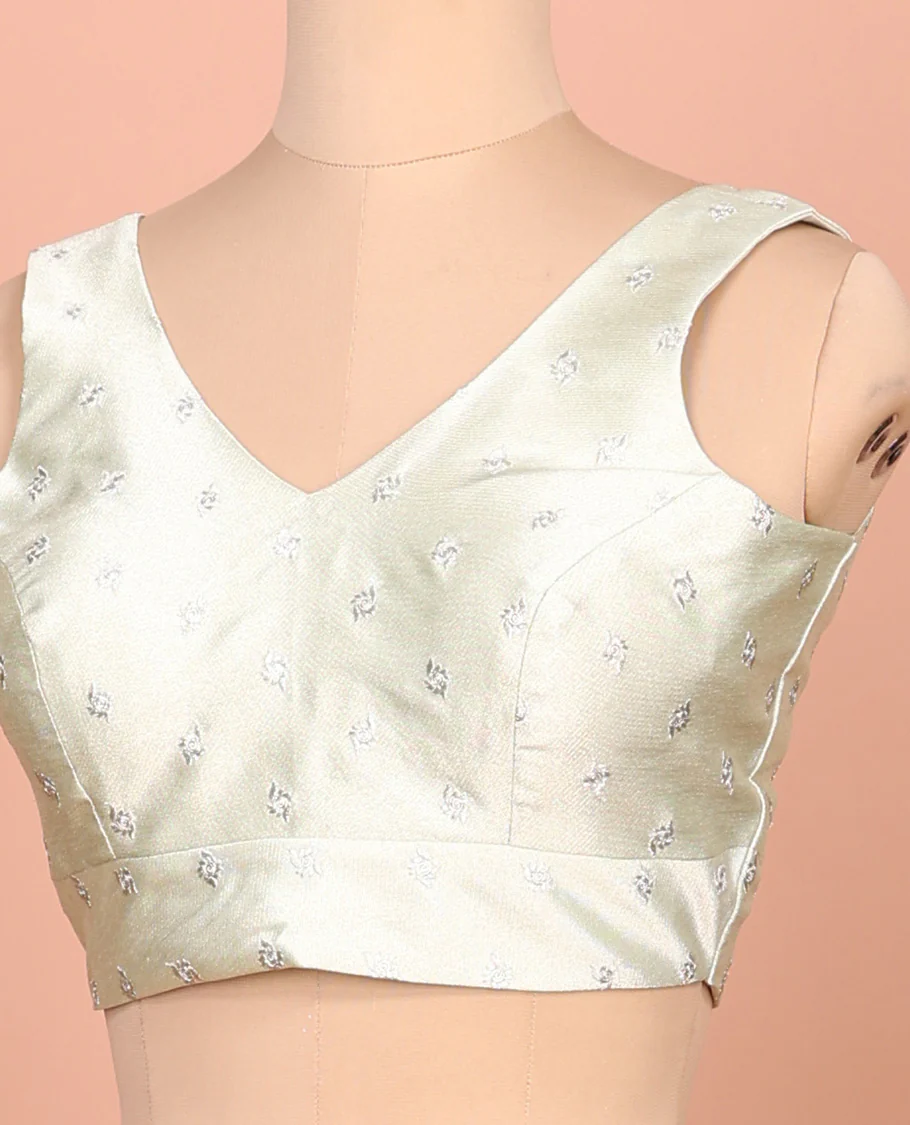White thread buttas embroidered front and back V-neck sleeveless readymade blouse - Image 2