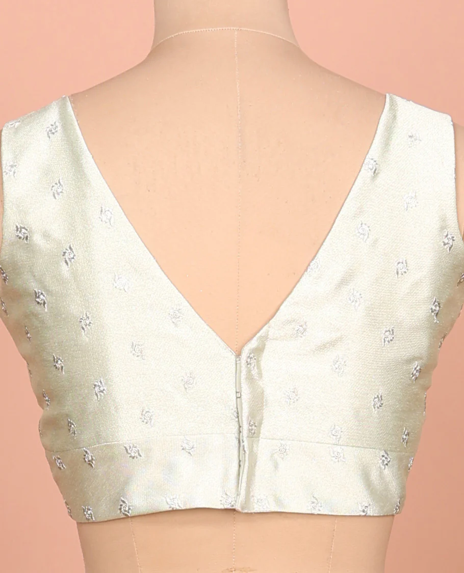White thread buttas embroidered front and back V-neck sleeveless readymade blouse - Image 4