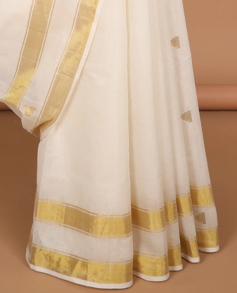 White triangle motifs kasavu saree with self zari border & striped, triangle design pallu - Image 4
