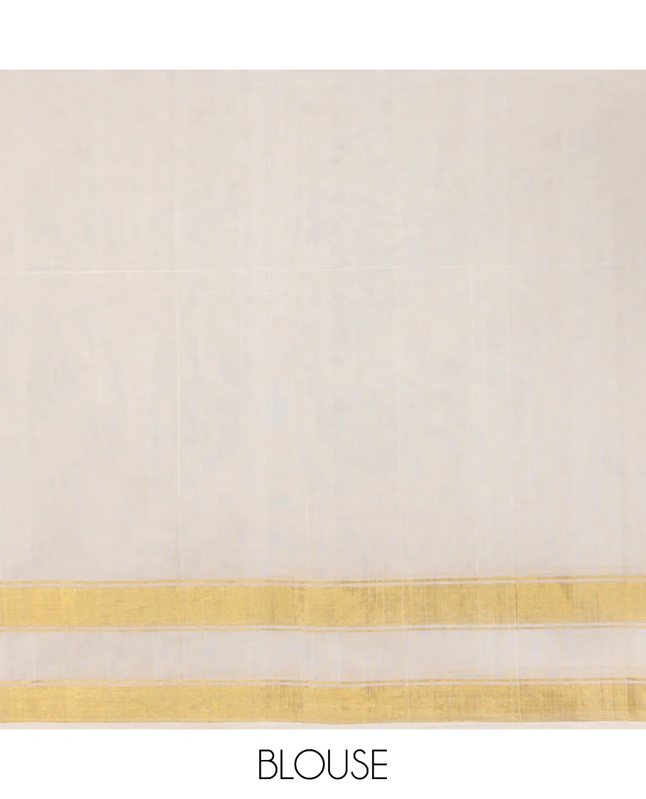 White triangle motifs kasavu saree with self zari border & striped, triangle design pallu - Image 5