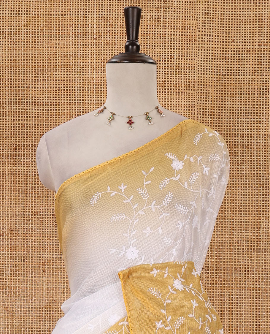 White-yellow color 2D-style print & floral vine chikankari embroidered kota check saree, lace border & plain blouse - Image 3