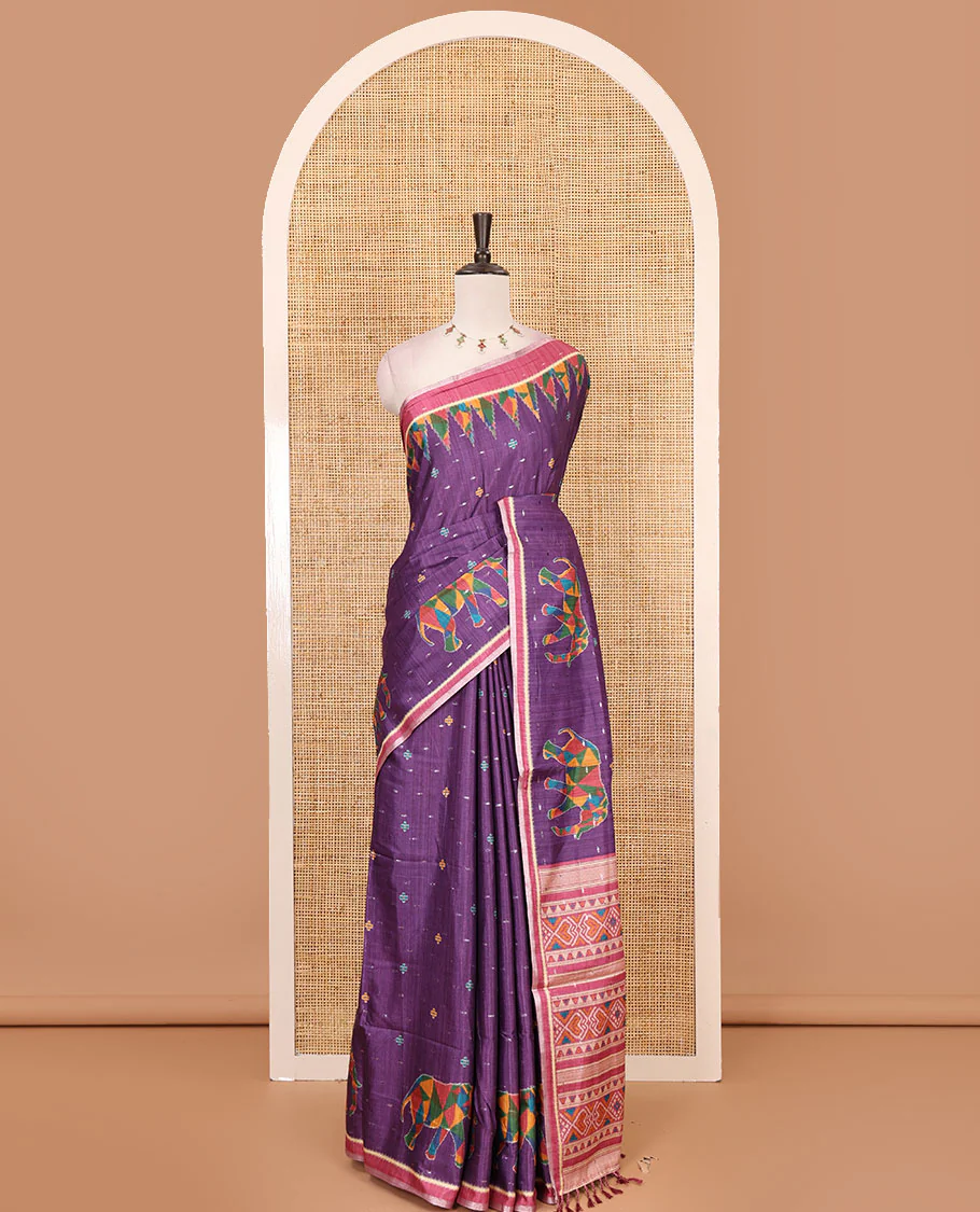 Wine buttas & kaleidoscope color elephant motifs printed katan silk saree, contrast multi-hue temple motif border, ikkat geometric print pallu & contrast printed blouse - Image 2
