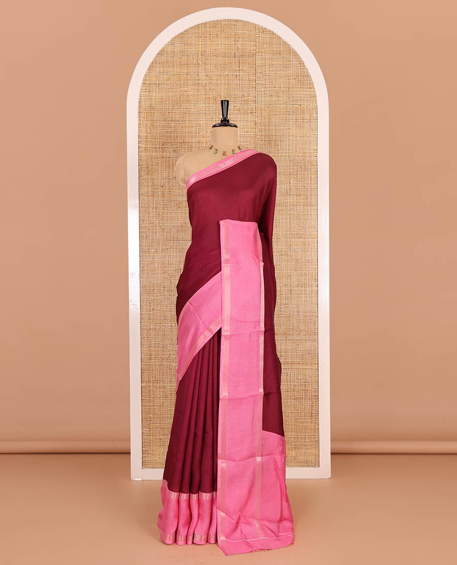 Wine embossed moss chiffon saree, contrast traditional rettai pettu border, embossed pallu, and a contrast embossed blouse - Image 2
