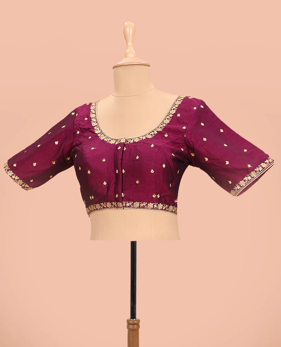 Wine embroidered round neck with elbow sleeve raw-silk blouse