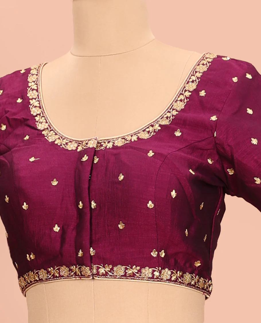 Wine embroidered round neck with elbow sleeve raw-silk blouse - Image 2