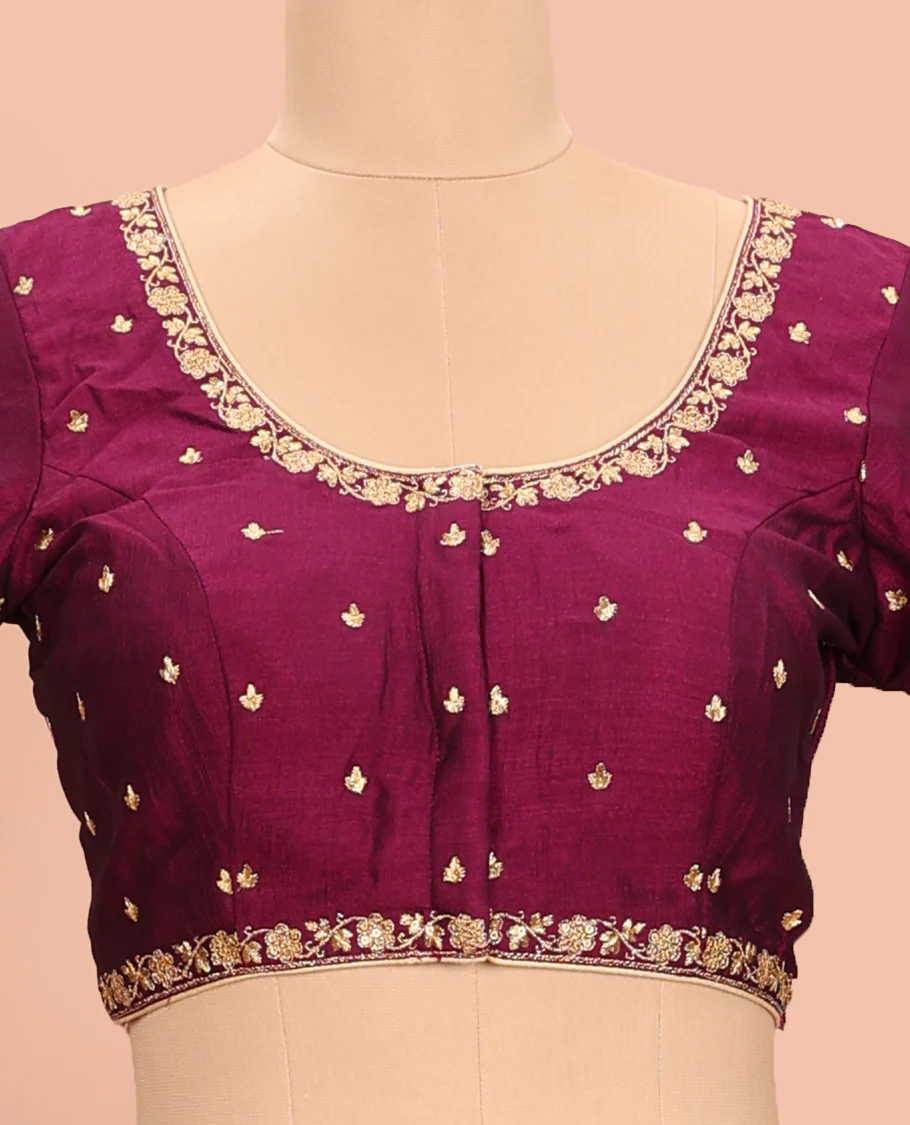 Wine embroidered round neck with elbow sleeve raw-silk blouse - Image 3
