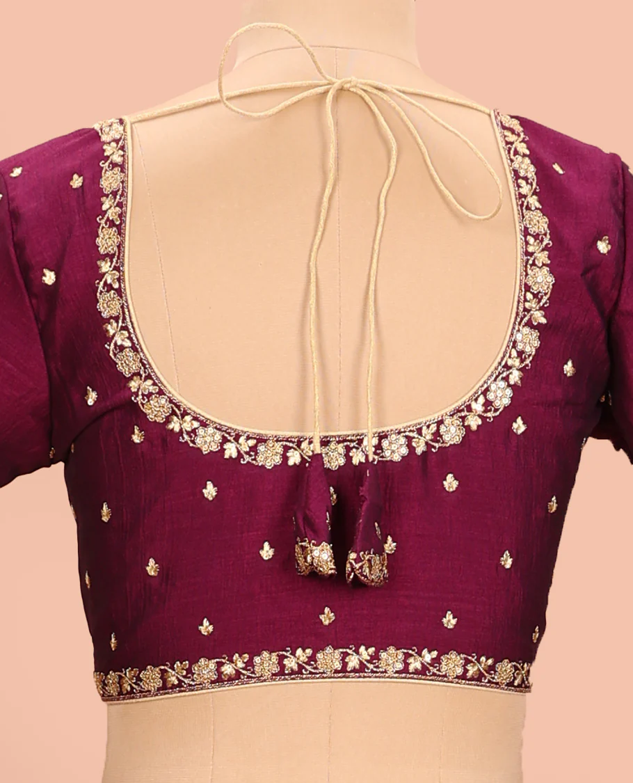 Wine embroidered round neck with elbow sleeve raw-silk blouse - Image 4