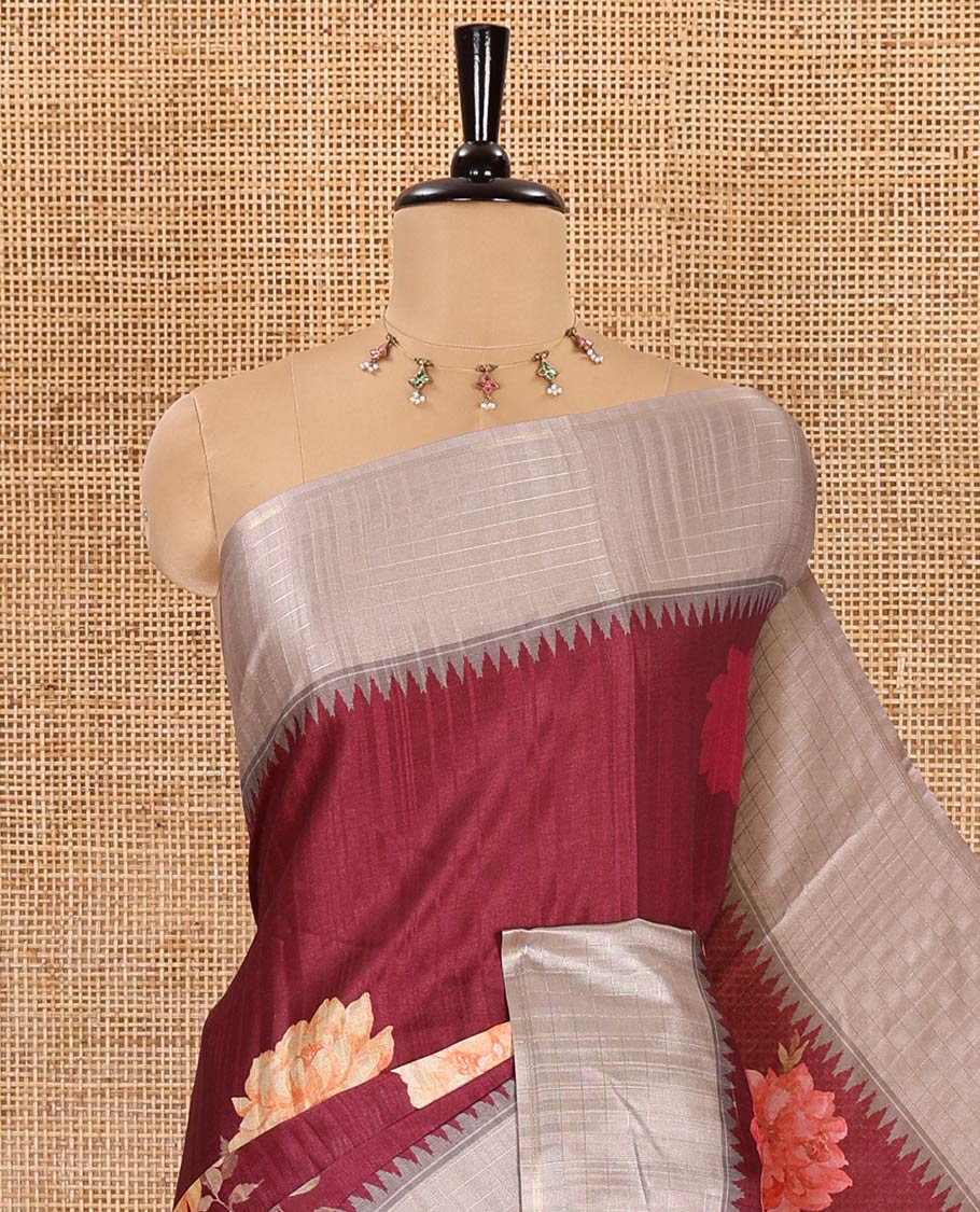 Wine floral motifs printed fancy tussar saree, contrast temple checked border, checked pallu, and a contrast checks and floral printed blouse - Image 2