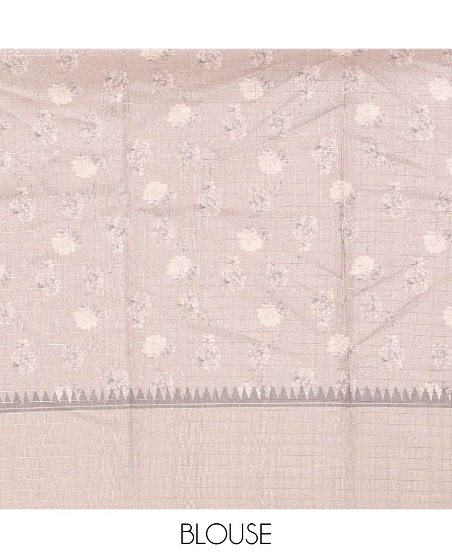 Wine floral motifs printed fancy tussar saree, contrast temple checked border, checked pallu, and a contrast checks and floral printed blouse - Image 3