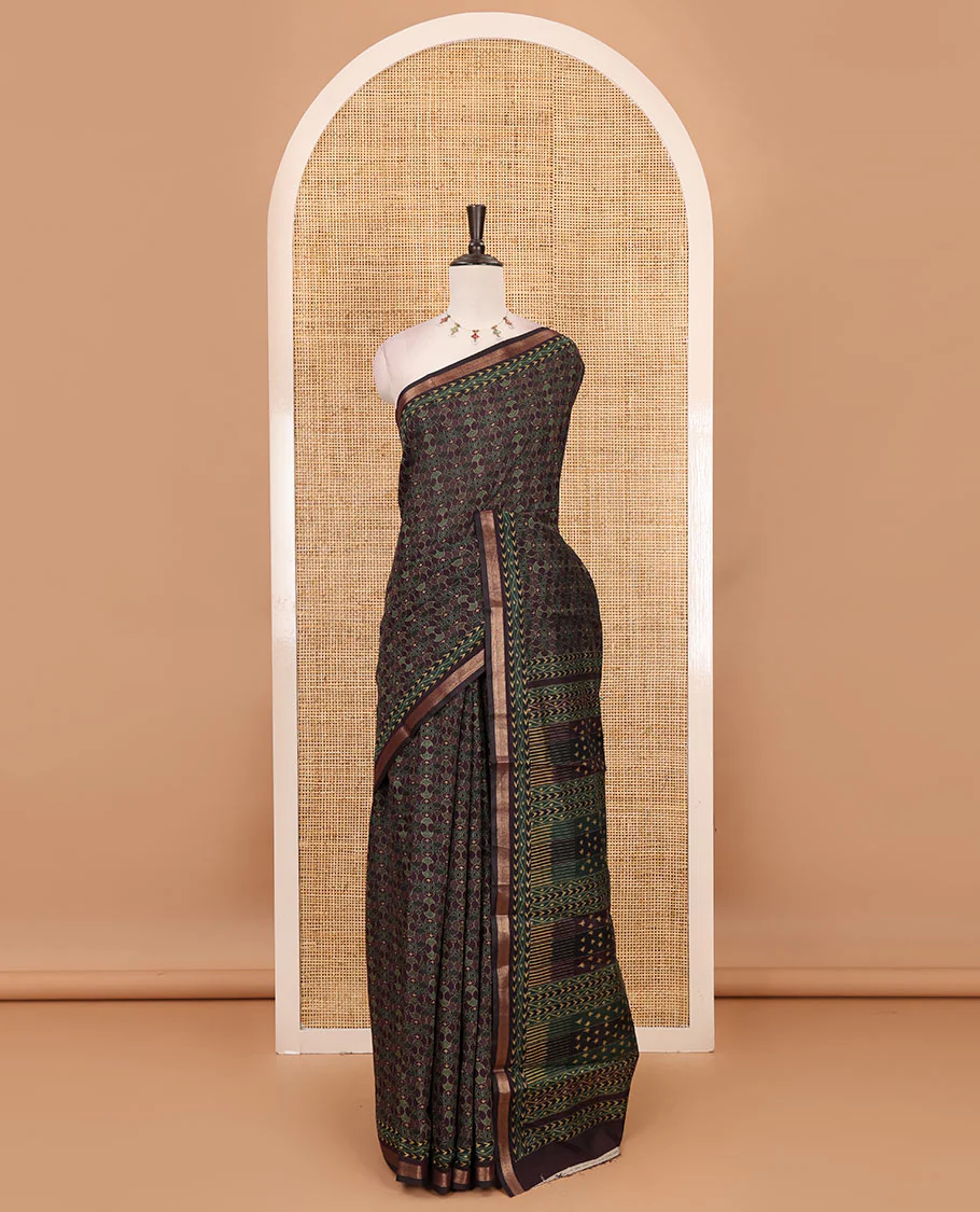 Wine geometric printed Muslin cotton saree, zari border, geometric printed pallu & printed blouse - Image 2