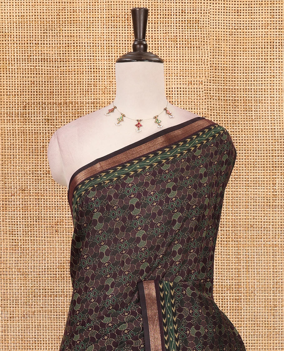 Wine geometric printed Muslin cotton saree, zari border, geometric printed pallu & printed blouse - Image 3