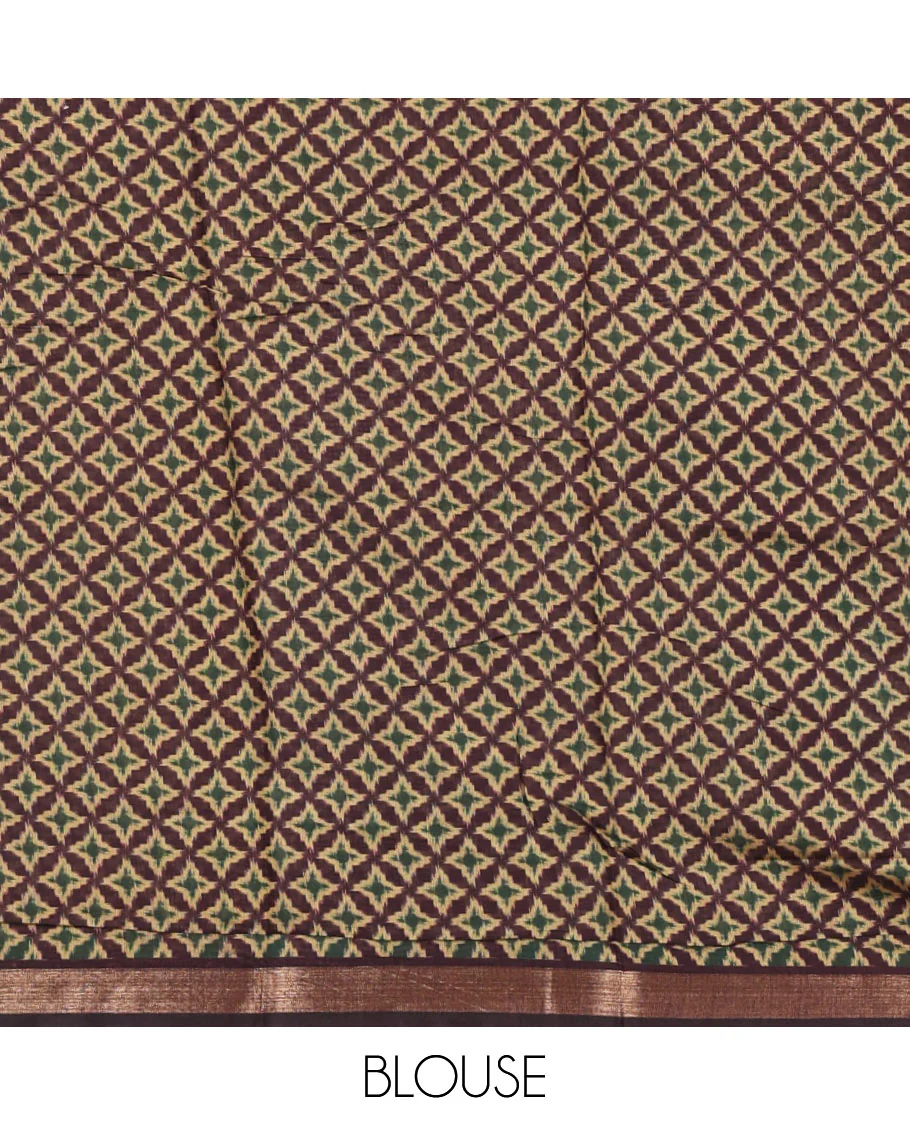 Wine geometric printed Muslin cotton saree, zari border, geometric printed pallu & printed blouse - Image 4