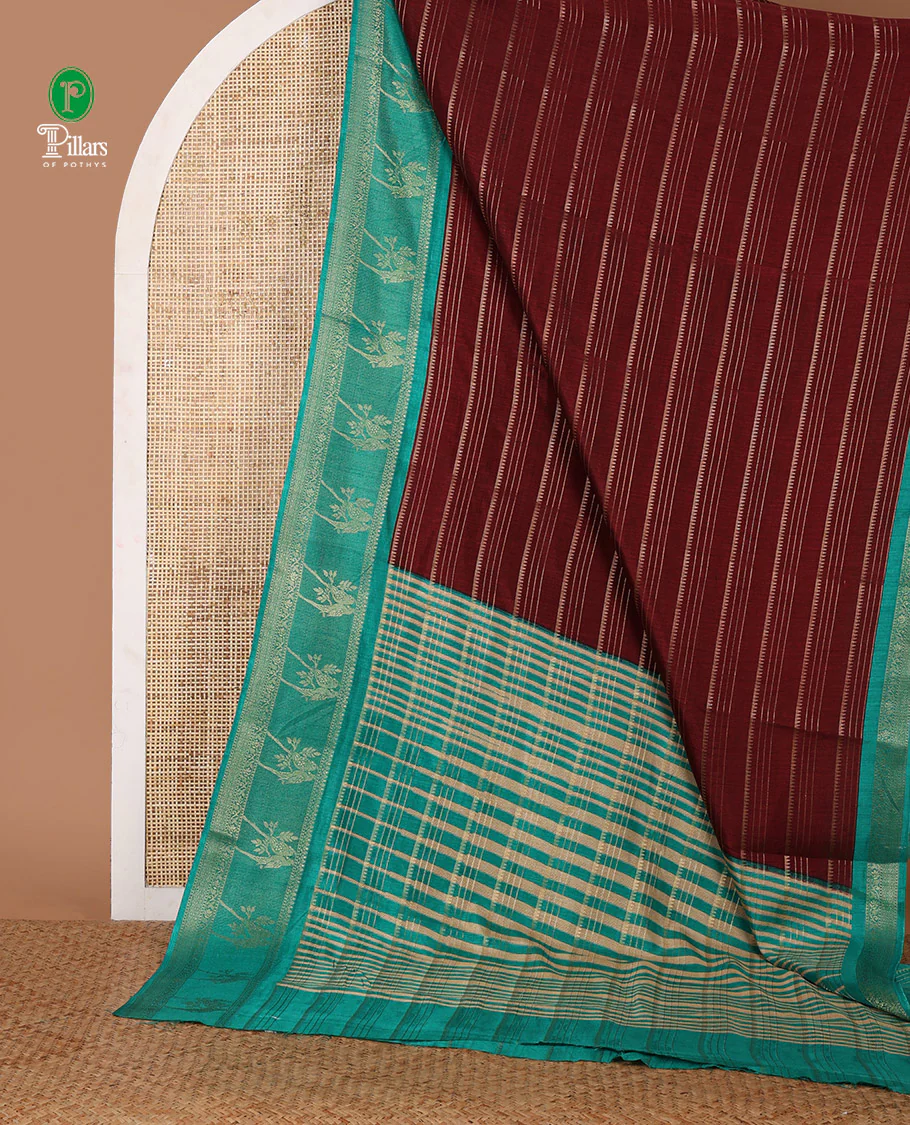 Wine golden zari striped dola silksaree, contrast parrot motif & traditional design border, temple pallu & zari design pallu - Image 2
