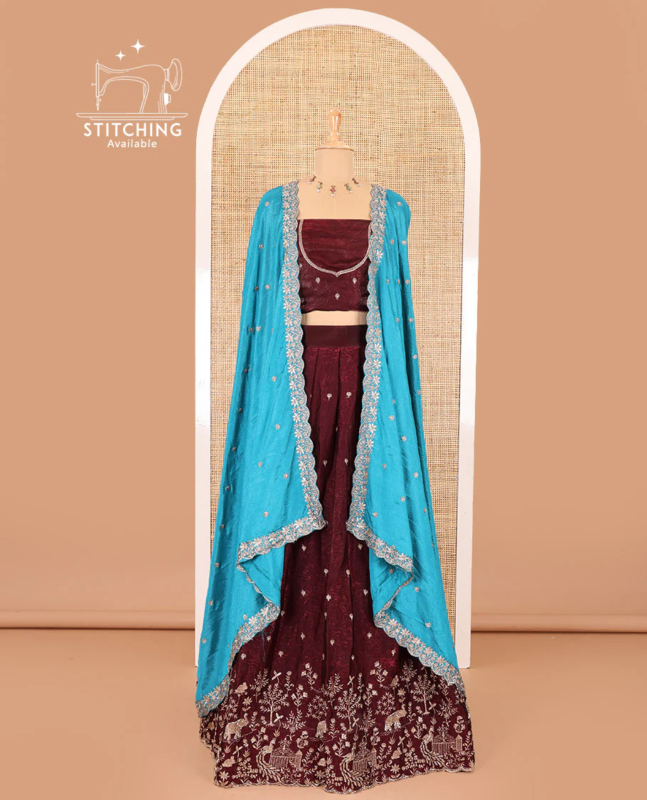 Wine half-saree, buttas and flora-fauna embroidered bordered velvet organza skirt, a matching velvet organza blouse, and a contrast embroidered scallop syska georgette dhavanif - Image 2