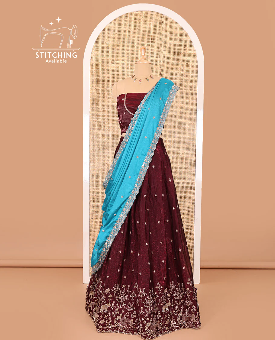 Wine half-saree, buttas and flora-fauna embroidered bordered velvet organza skirt, a matching velvet organza blouse, and a contrast embroidered scallop syska georgette dhavanif - Image 3