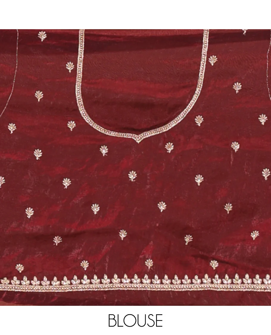 Wine half-saree, buttas and flora-fauna embroidered bordered velvet organza skirt, a matching velvet organza blouse, and a contrast embroidered scallop syska georgette dhavanif - Image 4