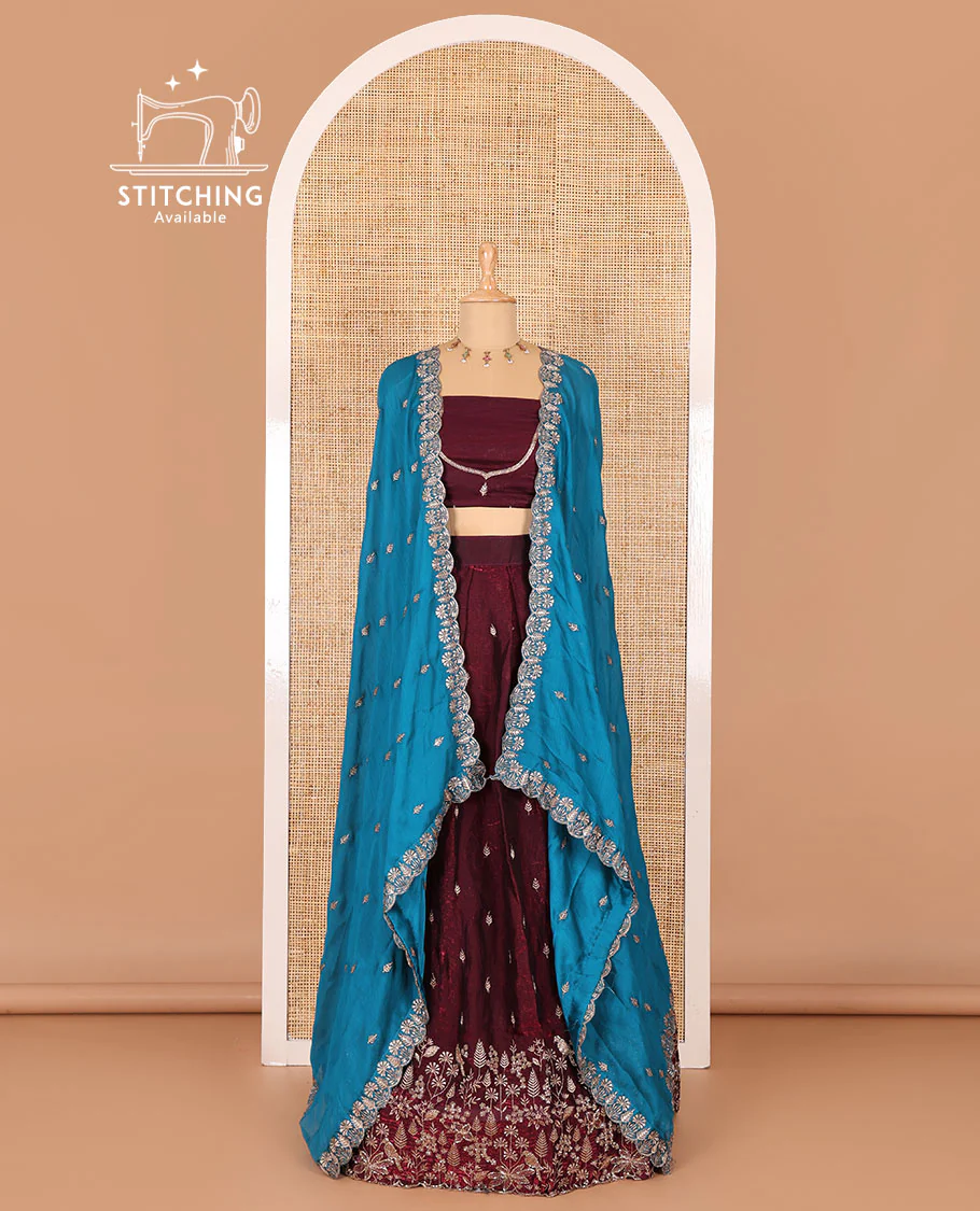 Wine half-saree, floral and bird motifs embroidered velvet organza top, matching embroidered blouse, and contrast scallop embroidered syska georgette dhavani - Image 2