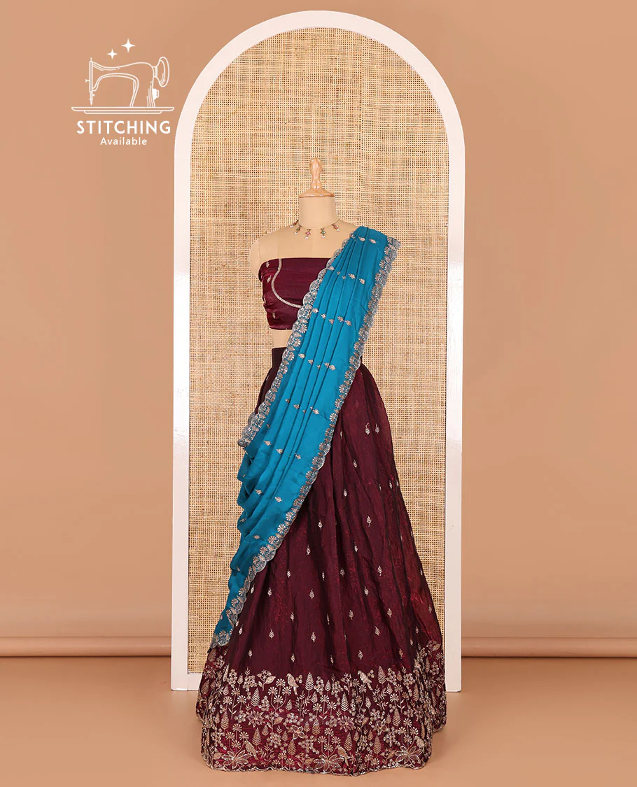 Wine half-saree, floral and bird motifs embroidered velvet organza top, matching embroidered blouse, and contrast scallop embroidered syska georgette dhavani - Image 3