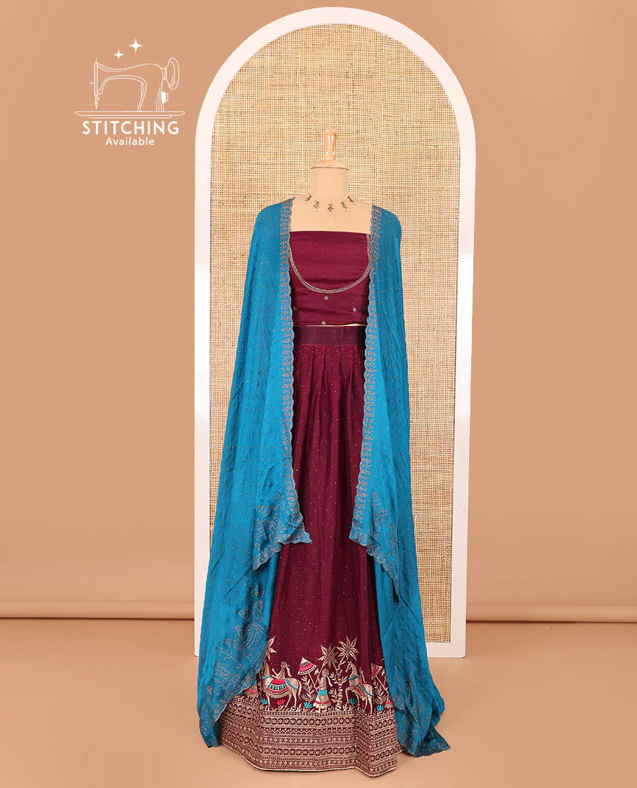Wine half-saree, Swarovski stone work with girl-on-the-horse motifs embroidered bordered satin georgette skirt, a matching satin georgette blouse, and a contrast Swarovski stone work scallop dhavani - Image 2