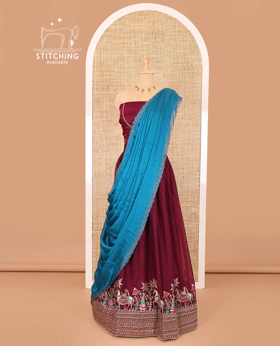 Wine half-saree, Swarovski stone work with girl-on-the-horse motifs embroidered bordered satin georgette skirt, a matching satin georgette blouse, and a contrast Swarovski stone work scallop dhavani - Image 3