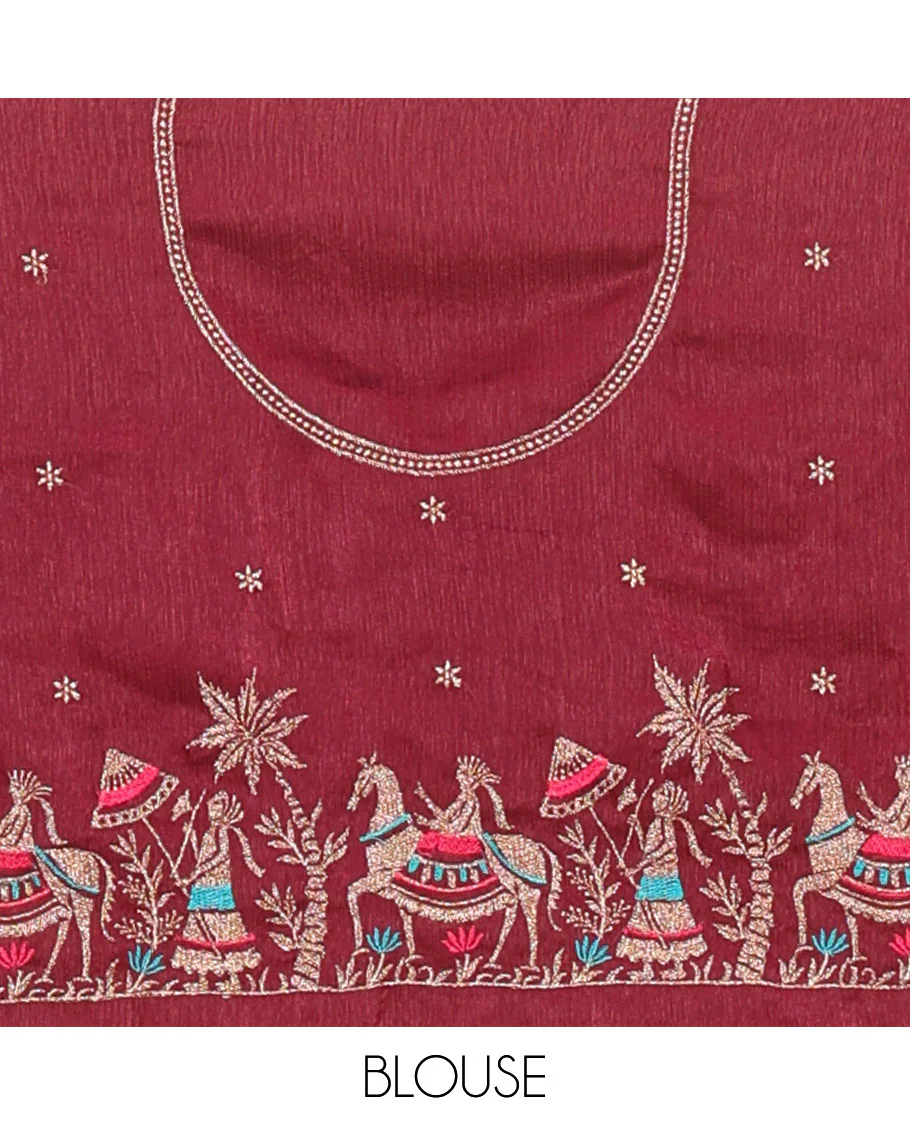 Wine half-saree, Swarovski stone work with girl-on-the-horse motifs embroidered bordered satin georgette skirt, a matching satin georgette blouse, and a contrast Swarovski stone work scallop dhavani - Image 4
