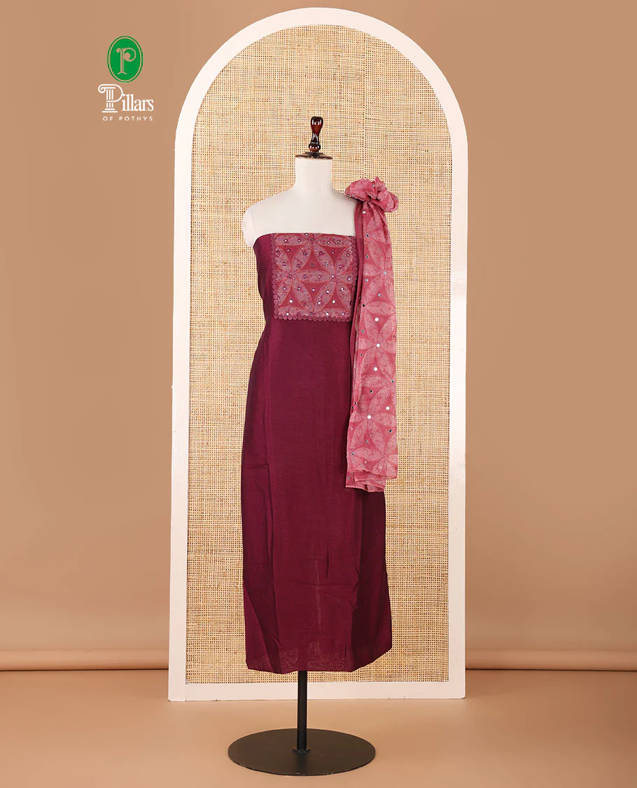 Wine material chudidar, brasso floral print & mirrorwork vichitra silk top, santoon bottom & shimmer georgette dupatta of floral print & mirrorwork