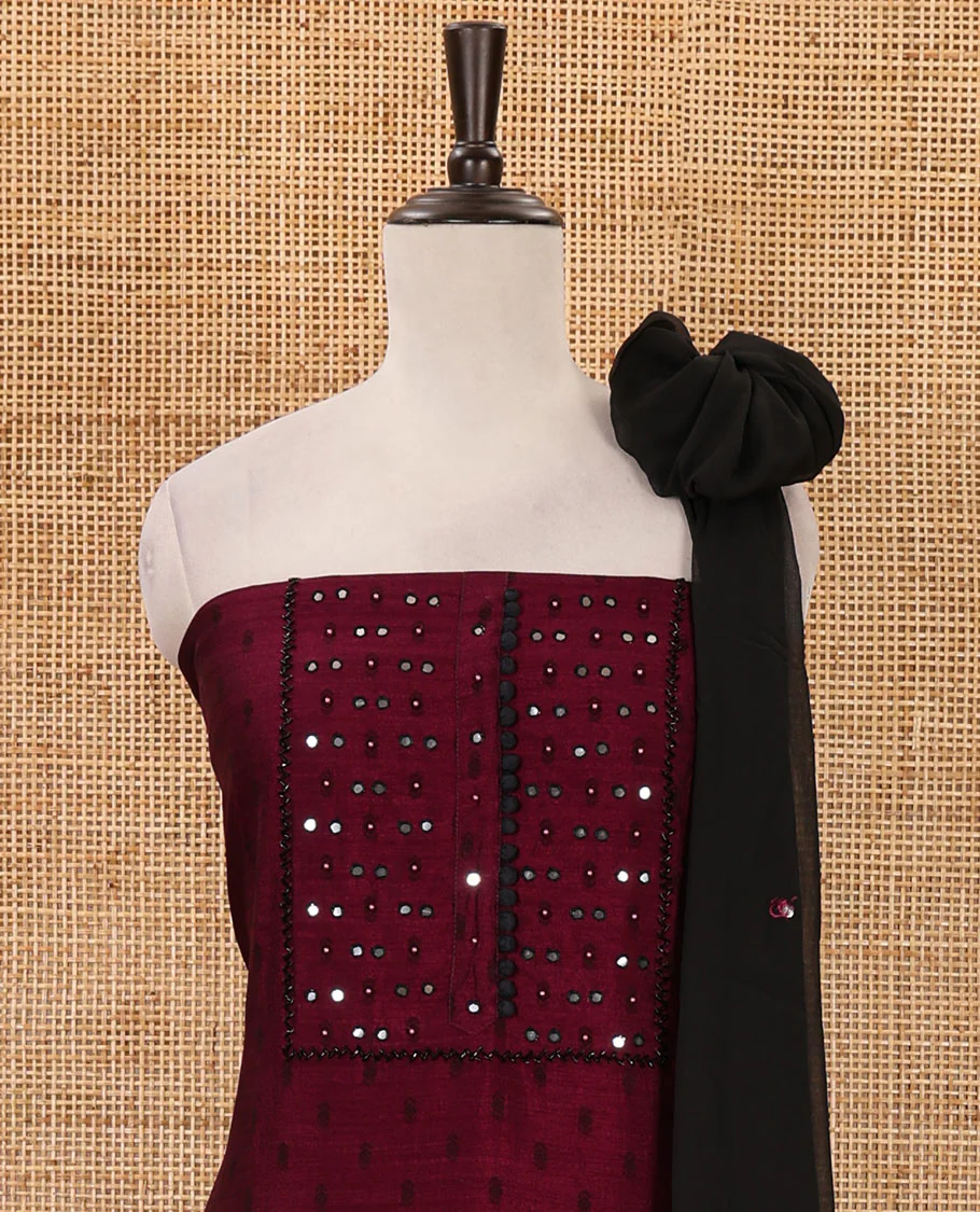 Wine material chudidar set, black beads & mirror neck embroidered with buttas woven vichitra silk top, santoon bottom & contrast mirror work chiffon dupatta - Image 3