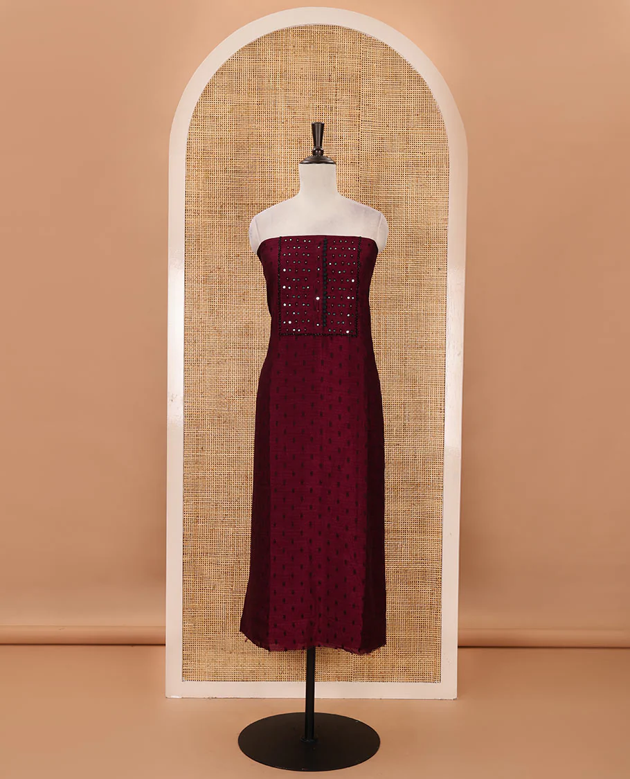 Wine material chudidar set, black beads & mirror neck embroidered with buttas woven vichitra silk top, santoon bottom & contrast mirror work chiffon dupatta - Image 4
