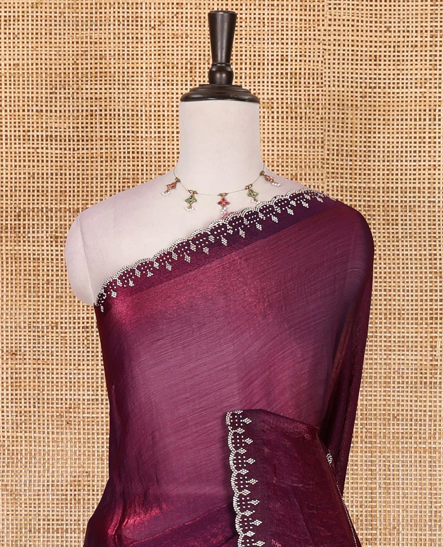 Wine micro stonework Fendi chiffon saree, scallop micro stonework border, stonework paisley pallu, and matching micro stone work blouse - Image 3