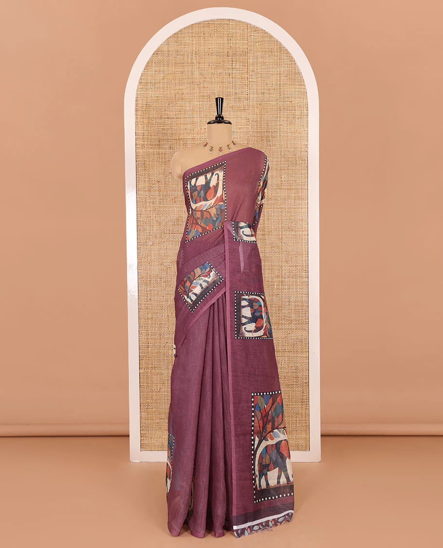 Wine plain linen cotton saree, mordern art style elephant motifs printed border, elephant printed pallu, and a leaf printed blouse - Image 2