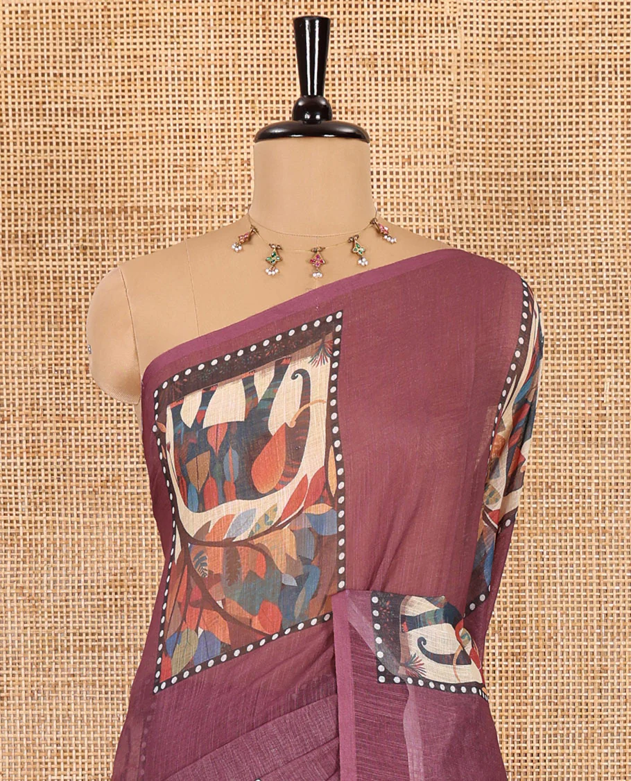 Wine plain linen cotton saree, mordern art style elephant motifs printed border, elephant printed pallu, and a leaf printed blouse - Image 3