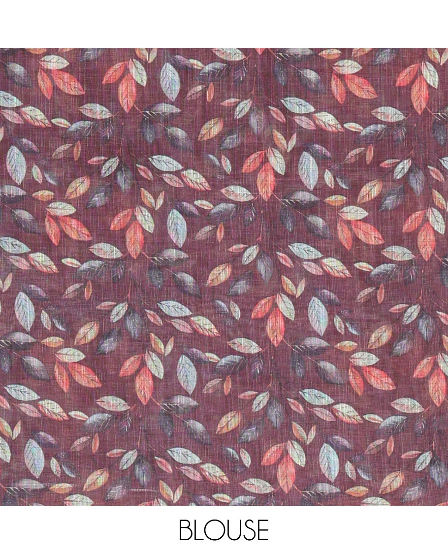 Wine plain linen cotton saree, mordern art style elephant motifs printed border, elephant printed pallu, and a leaf printed blouse - Image 4