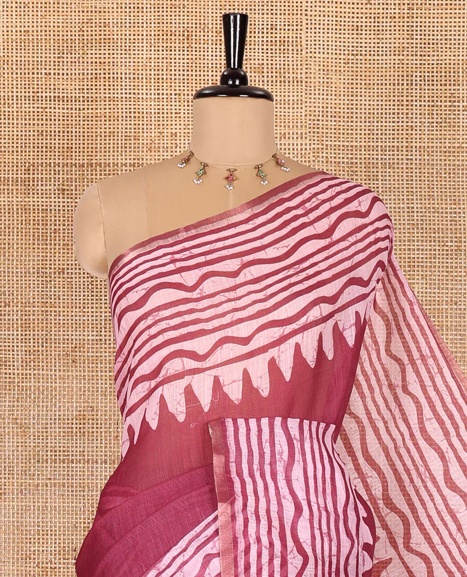 Wine plain linen cotton saree, temple zig-zag striped batik printed border, batik printed pallu, and triangle motifs batik printed blouse - Image 2