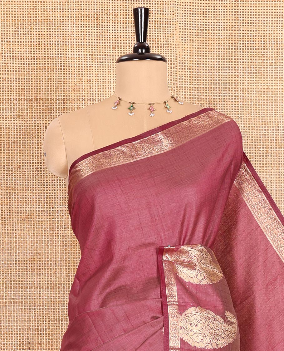 Wine Plain Semi-Tussar Saree Artfully Detailed with a Self Border Featuring Floral and Paisley Zari Weave, Adorned with a Zari-Striped Pallu, Paired with a Matching Zari-Woven Blouse - Image 2