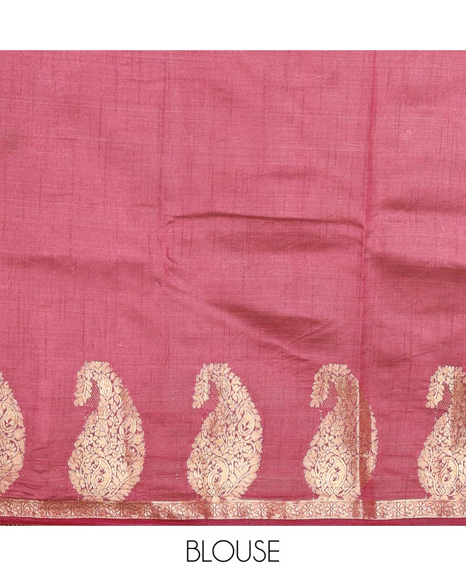 Wine Plain Semi-Tussar Saree Artfully Detailed with a Self Border Featuring Floral and Paisley Zari Weave, Adorned with a Zari-Striped Pallu, Paired with a Matching Zari-Woven Blouse - Image 3
