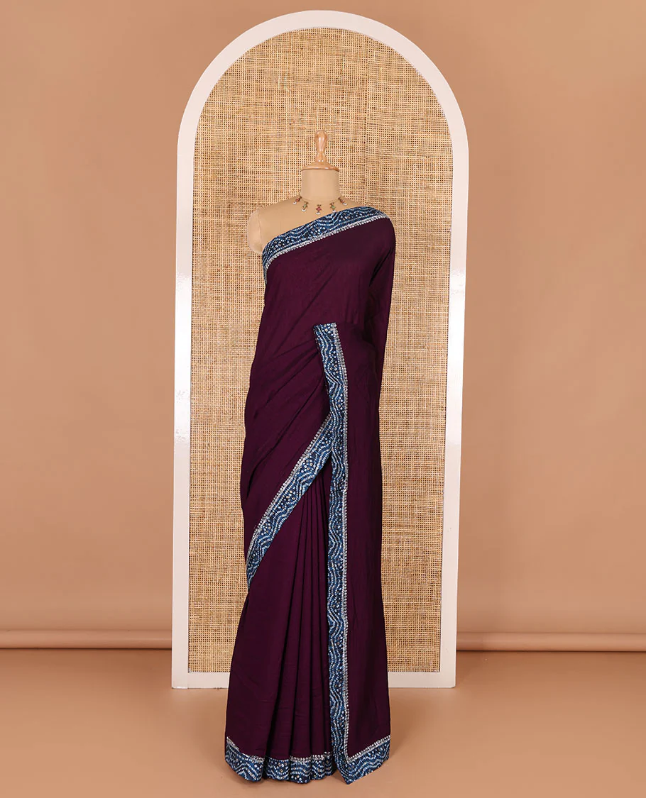 Wine plain Vichitra silk saree, contrast bandhani printed with Swarovski micro-stonework border, and a contrast bandhani printed blouse - Image 2