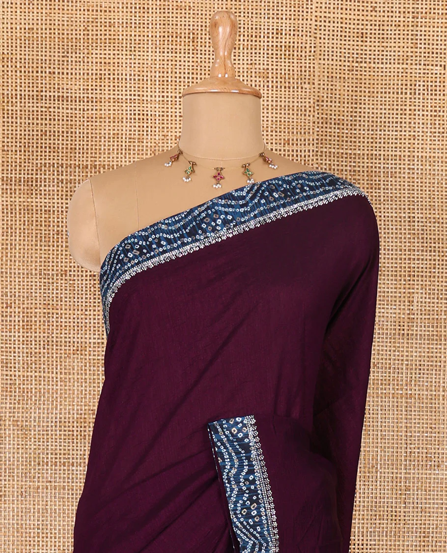 Wine plain Vichitra silk saree, contrast bandhani printed with Swarovski micro-stonework border, and a contrast bandhani printed blouse - Image 3