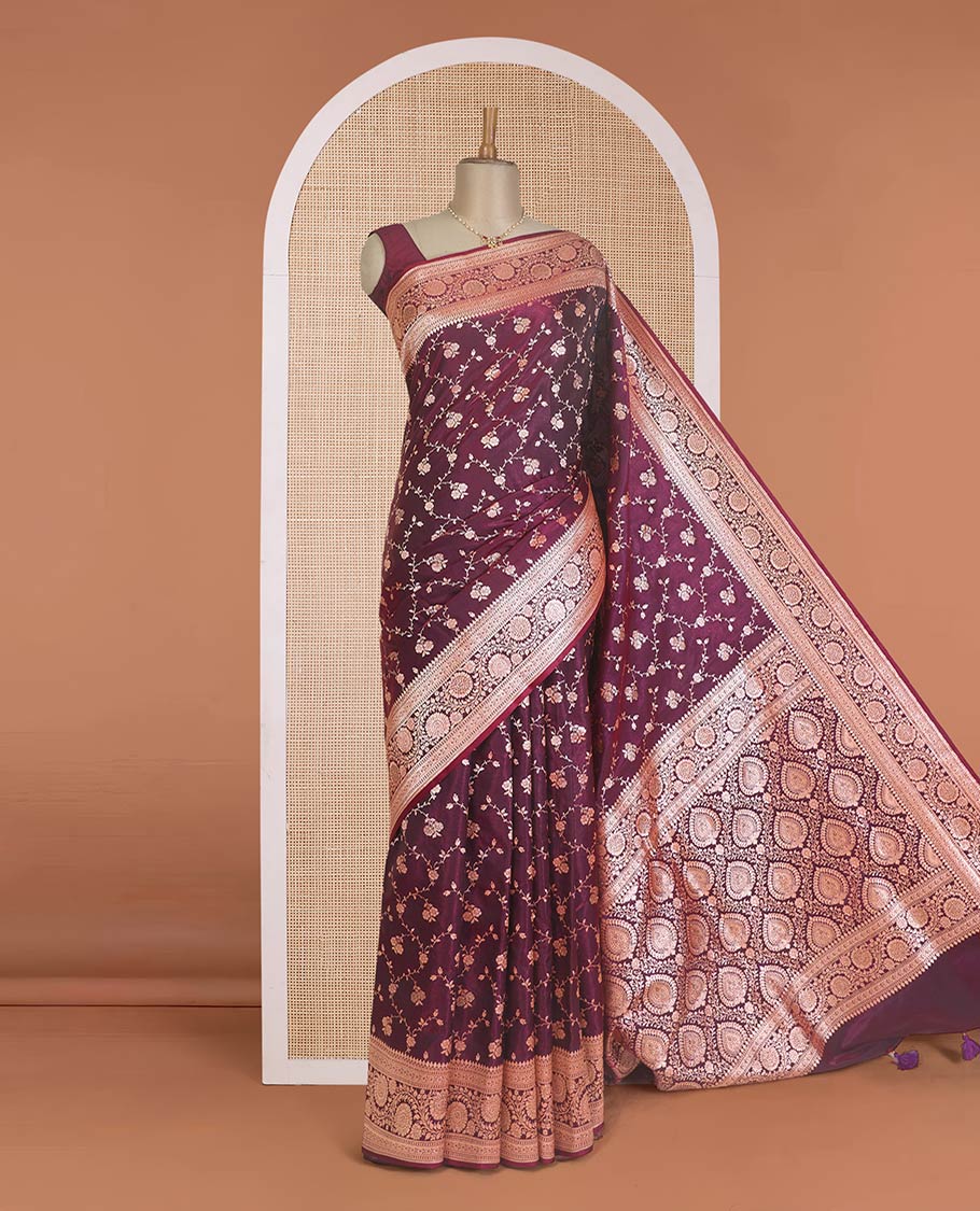 Wine purple floral jaal jacquard with stone work Banaras Nylon silk saree, traditional zari border of floral creeper designs, and intricate pallu - Image 2