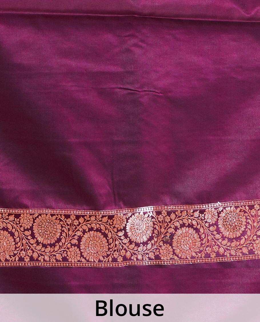 Wine purple floral jaal jacquard with stone work Banaras Nylon silk saree, traditional zari border of floral creeper designs, and intricate pallu - Image 5