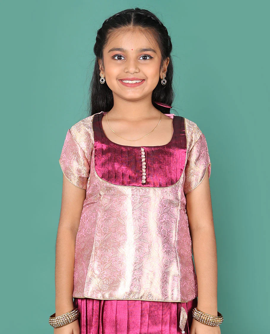 Wine readymade art silk pavadai, contrast traditional zari border skirt & jacquard round neck half-sleeve blouse - Image 2