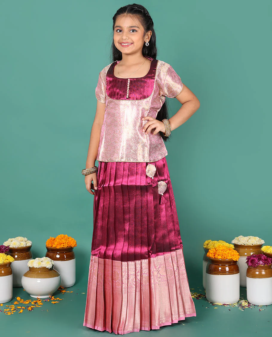 Wine readymade art silk pavadai, contrast traditional zari border skirt & jacquard round neck half-sleeve blouse - Image 3