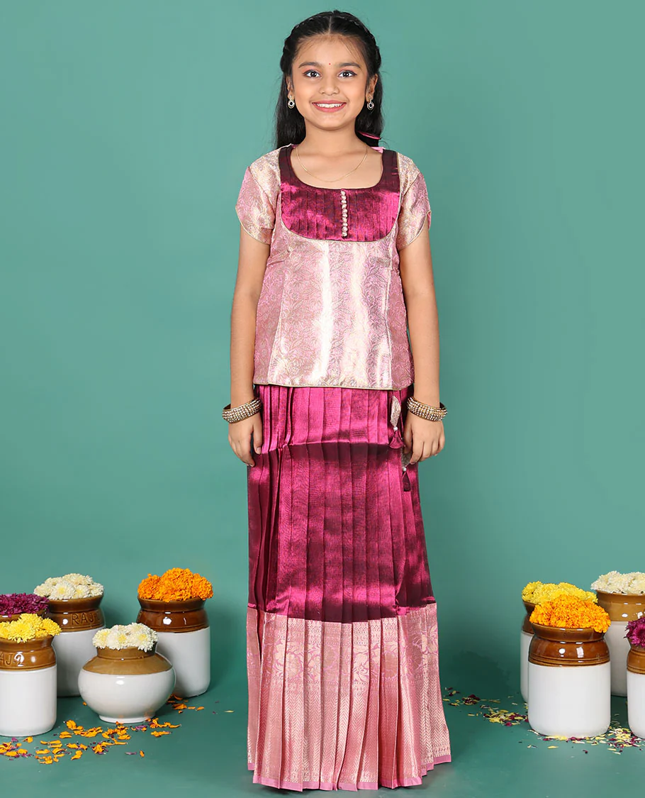 Wine readymade art silk pavadai, contrast traditional zari border skirt & jacquard round neck half-sleeve blouse - Image 4