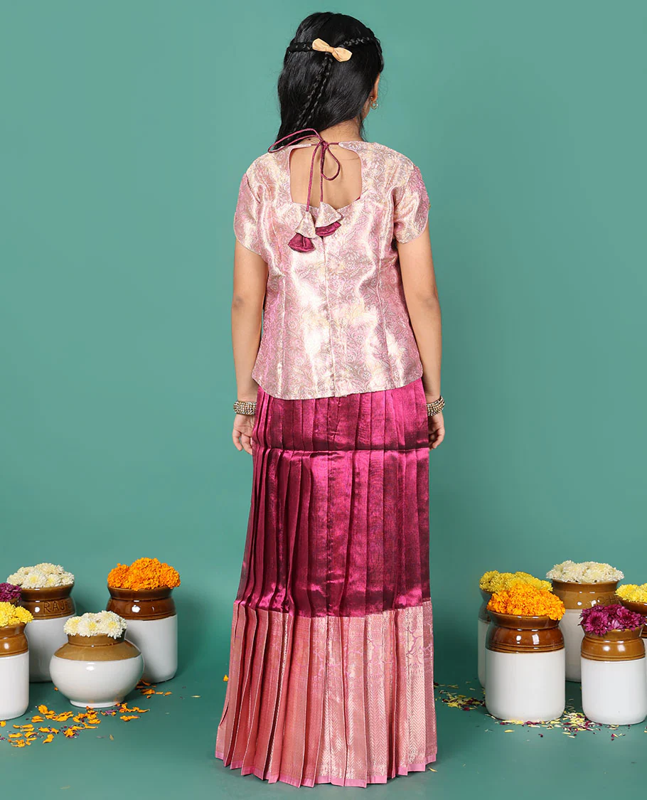 Wine readymade art silk pavadai, contrast traditional zari border skirt & jacquard round neck half-sleeve blouse - Image 5