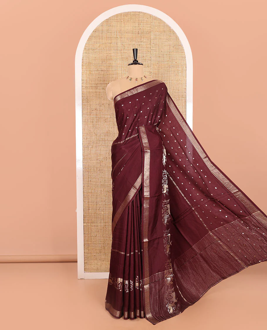 Wine Russian Silk Saree Adorned with Gold Zari Buttas and Deer Motifs, Featuring a Subtly Sparkling Traditional Zari Border, a Pallu with Zari Stripes, and a Contrast Blouse Woven with Peacock Meena Buttas