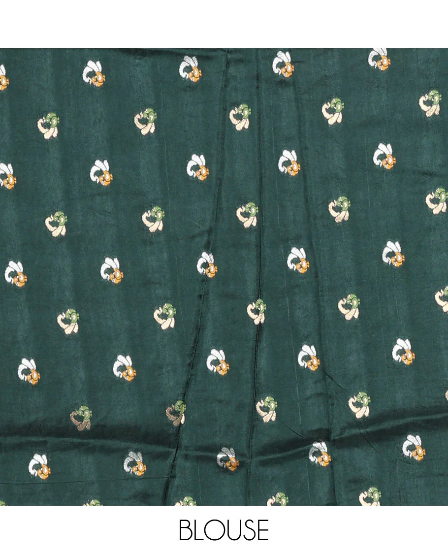 Wine Russian Silk Saree Adorned with Gold Zari Buttas and Deer Motifs, Featuring a Subtly Sparkling Traditional Zari Border, a Pallu with Zari Stripes, and a Contrast Blouse Woven with Peacock Meena Buttas - Image 3
